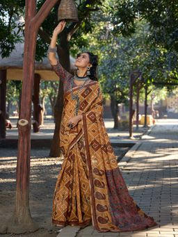 Akhilam - Womens Cotton Blend Pink Printed Saree with Unstitched Blouse