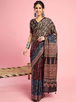 Akhilam - Womens Silk Blend Beige Printed Saree with Unstitched Blouse