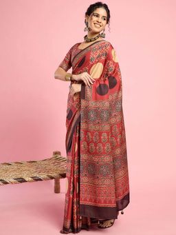 Akhilam - Womens Silk Blend Rust Printed Saree with Unstitched Blouse
