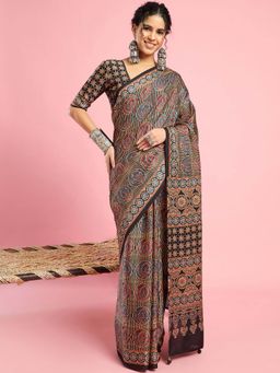 Akhilam - Womens Silk Blend Black Printed Saree with Unstitched Blouse