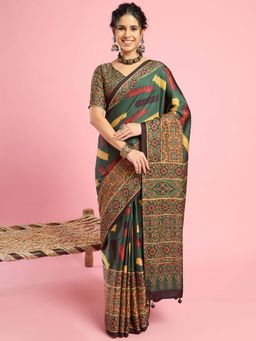 Akhilam - Womens Silk Blend Green Printed Saree with Unstitched Blouse