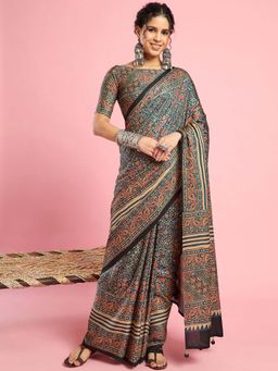 Akhilam - Womens Silk Blend Teal Blue Printed Saree with Unstitched Blouse