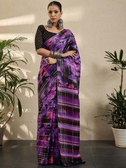 Akhilam - Womens Georgette Black Printed Saree with Unstitched Blouse