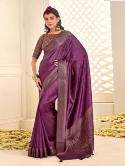 Akhilam - Womens Tussar Silk Purple Woven Design Saree with Unstitched Blouse