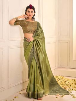 Akhilam - Womens Tussar Silk Green Woven Design Saree with Unstitched Blouse