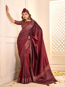 Akhilam - Womens Tussar Silk Maroon Woven Design Saree with Unstitched Blouse