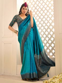Akhilam - Womens Tussar Silk Blue Woven Design Saree with Unstitched Blouse