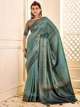 Akhilam - Womens Tussar Silk Aqua Woven Design Saree with Unstitched Blouse