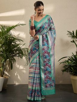 Akhilam - Womens Jute Silk Sea Green Printed Saree with Unstitched Blouse