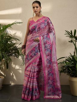 Akhilam - Womens Jute Silk Pink Printed Saree with Unstitched Blouse