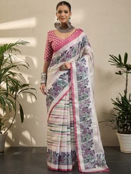 Akhilam - Womens Jute Silk Pink Printed Saree with Unstitched Blouse