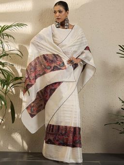 Akhilam - Womens Jute Silk White Printed Saree with Unstitched Blouse