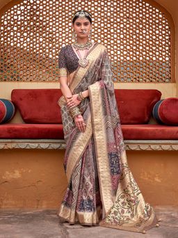 Akhilam - Womens Silk Blend Beige Woven Design Saree with Unstitched Blouse