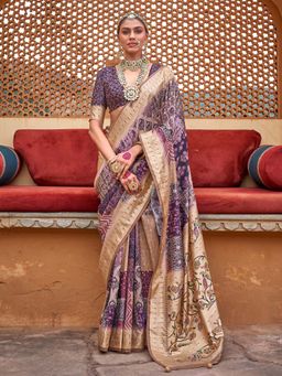 Akhilam - Womens Silk Blend Purple Woven Design Saree with Unstitched Blouse