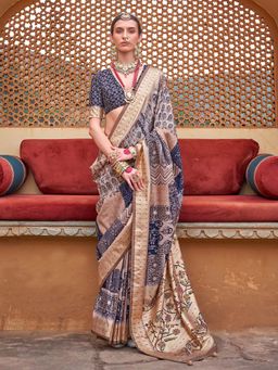 Akhilam - Womens Silk Blend Navy Blue Woven Design Saree with Unstitched Blouse