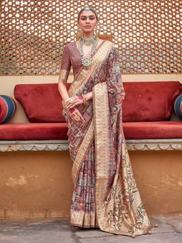 Akhilam - Womens Silk Blend Camel Brown Woven Design Saree with Unstitched Blouse