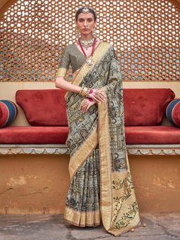 Akhilam - Womens Silk Blend Sea Green Woven Design Saree with Unstitched Blouse
