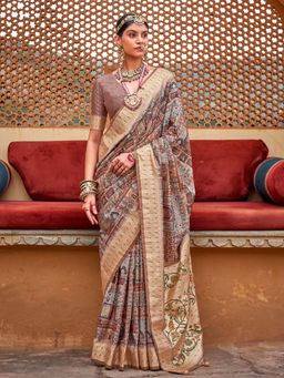 Akhilam - Womens Silk Blend Grey Woven Design Saree with Unstitched Blouse