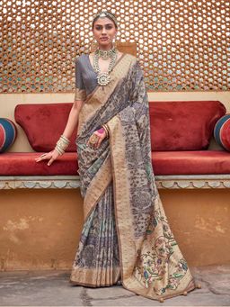 Akhilam - Womens Silk Blend Beige Woven Design Saree with Unstitched Blouse