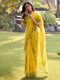 Akhilam - Womens Cotton Yellow Printed Saree with Unstitched Blouse