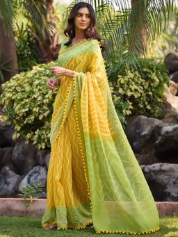 Akhilam - Womens Cotton Yellow Printed Saree with Unstitched Blouse