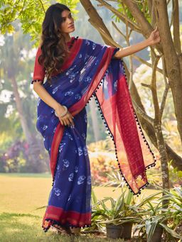 Akhilam - Womens Cotton Navy Blue Printed Saree with Unstitched Blouse