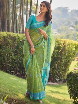 Akhilam - Womens Cotton Light Green Printed Saree with Unstitched Blouse