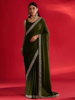 Akhilam - Womens Satin Olive Embellished Saree with Unstitched Blouse