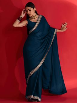 Akhilam - Womens Satin Teal Embellished Saree with Unstitched Blouse