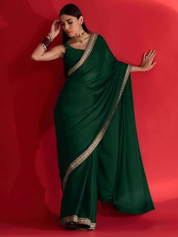 Akhilam - Womens Satin Green Embellished Saree with Unstitched Blouse