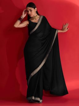 Akhilam - Womens Satin Black Embellished Saree with Unstitched Blouse