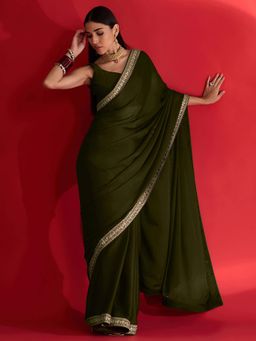 Akhilam - Womens Satin Olive Embellished Saree with Unstitched Blouse