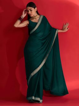 Akhilam - Womens Satin Teal Green Embellished Saree with Unstitched Blouse