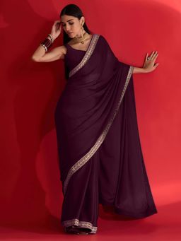 Akhilam - Womens Satin Magenta Embellished Saree with Unstitched Blouse