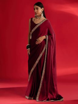 Akhilam - Womens Satin Maroon Embellished Saree with Unstitched Blouse