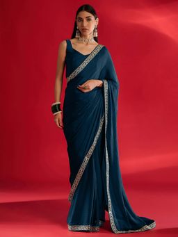 Akhilam - Womens Satin Teal Blue Embellished Saree with Unstitched Blouse