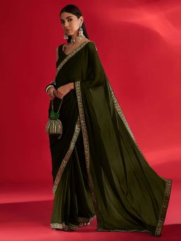 Akhilam - Womens Satin Olive Embellished Saree with Unstitched Blouse