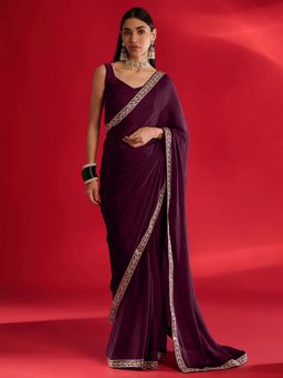 Akhilam - Womens Satin Magenta Embellished Saree with Unstitched Blouse
