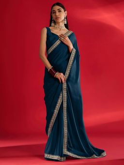 Akhilam - Womens Satin Teal Blue Embellished Saree with Unstitched Blouse