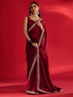 Akhilam - Womens Satin Maroon Embellished Saree with Unstitched Blouse