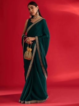 Akhilam - Womens Satin Teal Green Embellished Saree with Unstitched Blouse