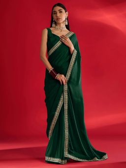 Akhilam - Womens Satin Green Embellished Saree with Unstitched Blouse