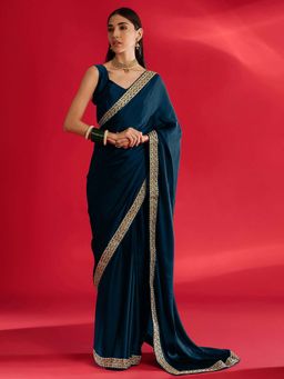 Akhilam - Womens Satin Teal Blue Embellished Saree with Unstitched Blouse