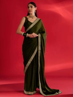 Akhilam - Womens Satin Olive Embellished Saree with Unstitched Blouse