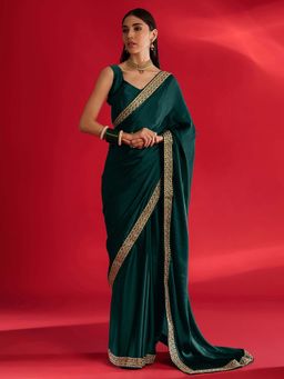 Akhilam - Womens Satin Teal Green Embellished Saree with Unstitched Blouse