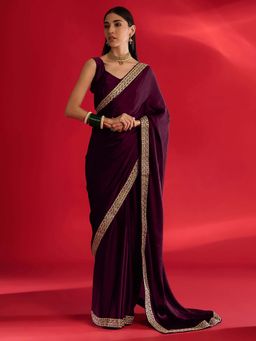 Akhilam - Womens Satin Magenta Embellished Saree with Unstitched Blouse
