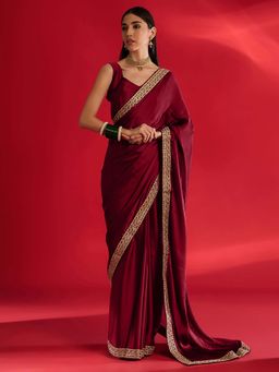 Akhilam - Womens Satin Maroon Embellished Saree with Unstitched Blouse