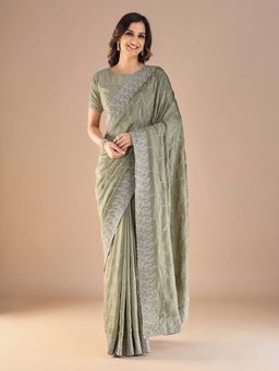 Akhilam - Womens Vichitra Silk Sea Green Embroidered Saree with Unstitched Blouse