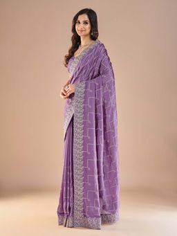 Akhilam - Womens Vichitra Silk Lavender Embroidered Saree with Unstitched Blouse