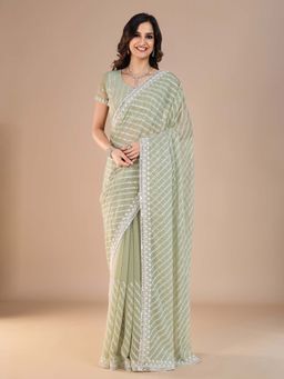 Akhilam - Womens Silk Blend Sea Green Embroidered Saree with Unstitched Blouse